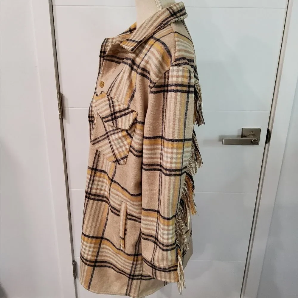 FORE Plaid Fringe Long Line Jacket Size S